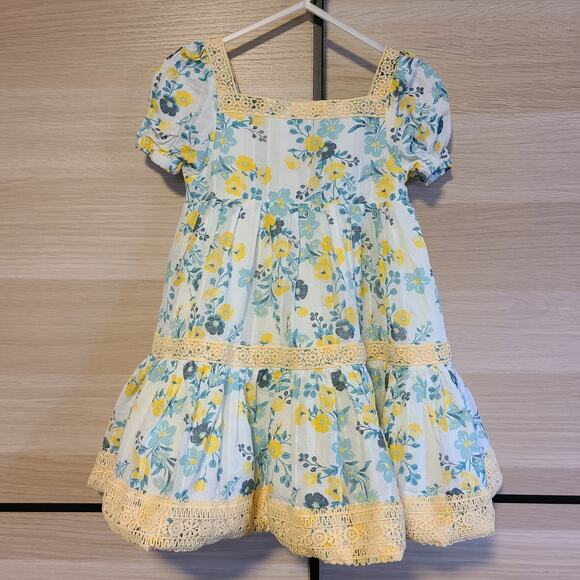 Joie Smocked Prairie Core Sundress Girls 2T Pastel Floral Lace Puff Sleeve - Picture 2 of 6